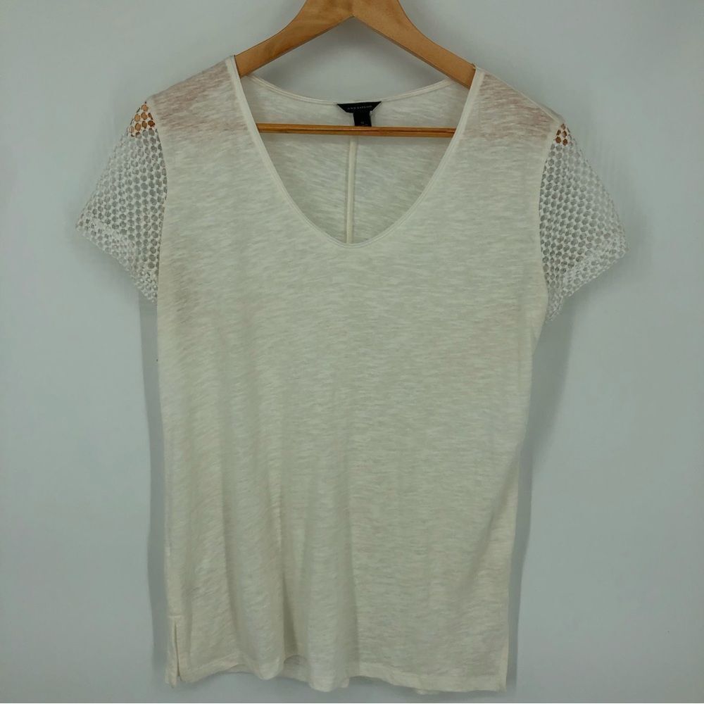 Ann Taylor Tee Womens Small White Linen Crochet Sleeve Short Sleeve